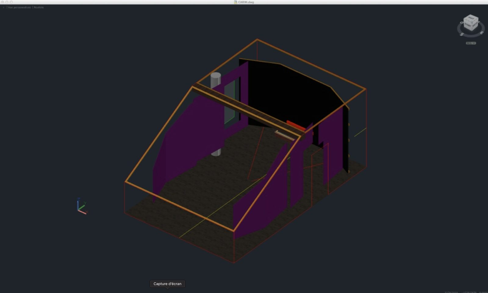 Modélisation 3D d’un studio avec murs acoustiques, plancher et volumes techniques