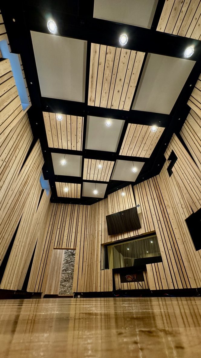 Grande salle avec plafond technique noir et panneaux bois