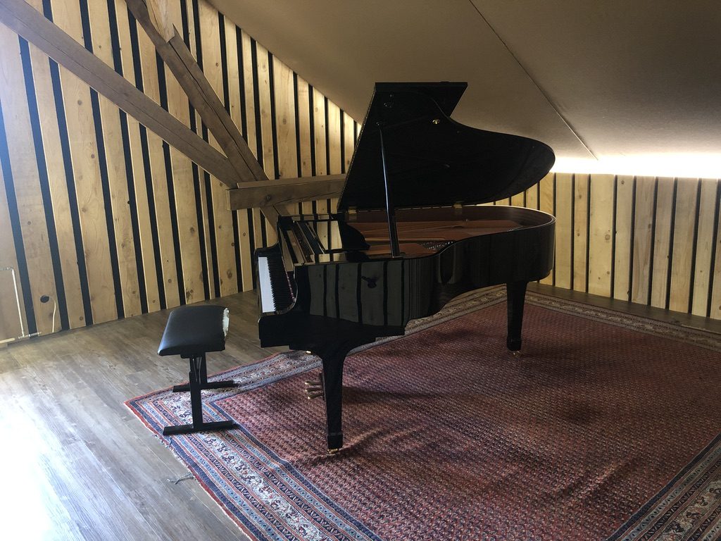 Piano à queue dans une pièce bois avec tapis et éclairage indirect